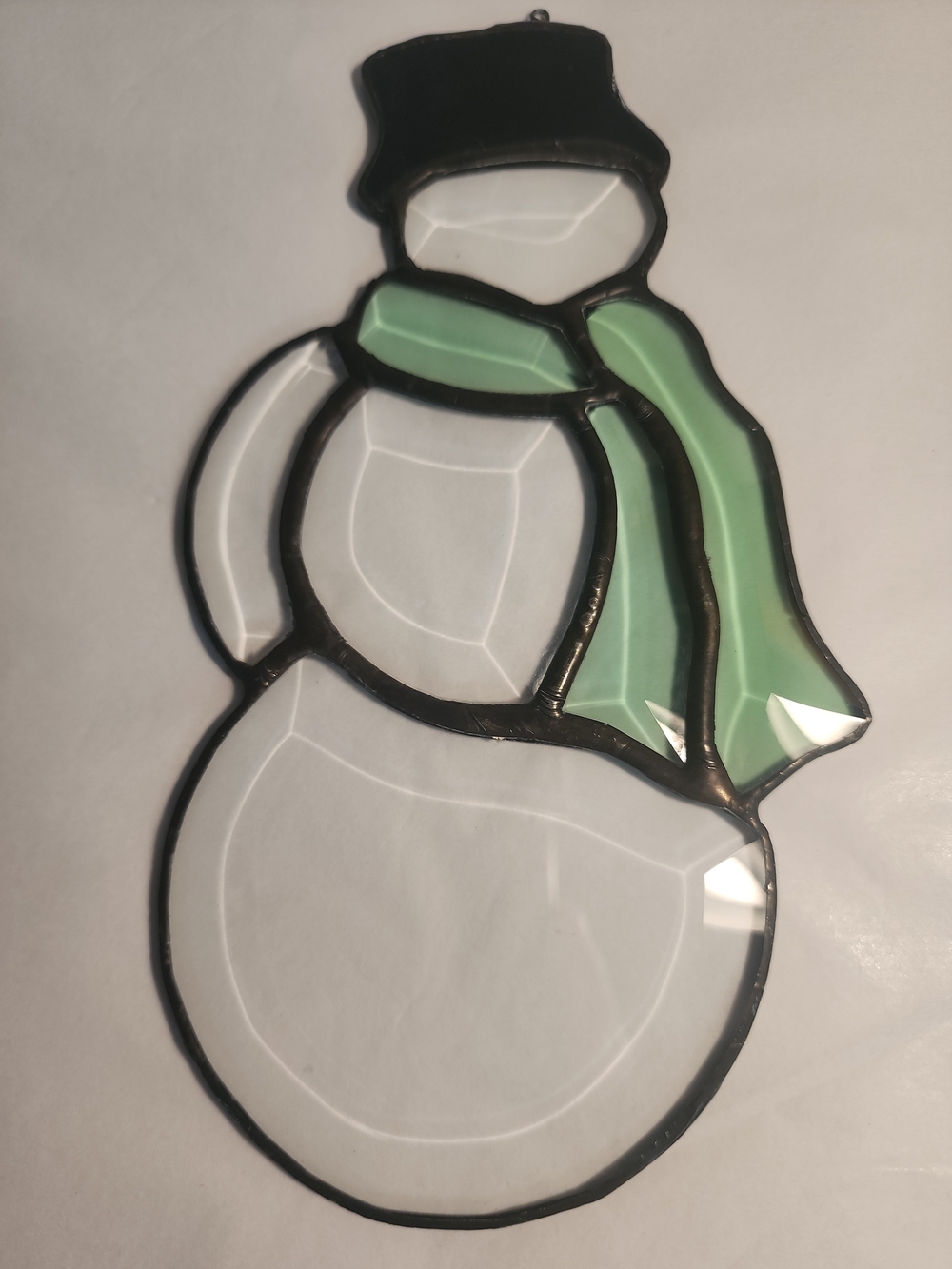 Vintage Beveled Stained Glass Snowman Suncatcher Clear Green Scarf Black Top Hat
